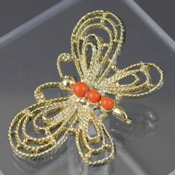 VTG butterfly brooch signed Gerrys goldtone with coral beads - Picture 8 of 8